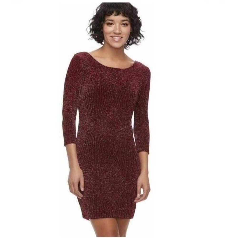 Womens Mini Christmas Dress XS Red Glitter 3/4 Sleeves Bodycon‎ Stretch Holida